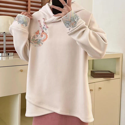 Stylish Embroidery Oblique Plush Hoodie Modakawa