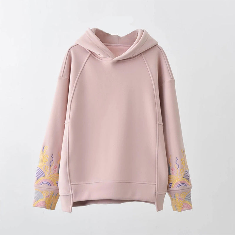 Casual Floral Embroidery Plush Loose Hoodie Modakawa