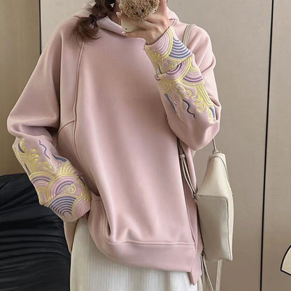 Casual Floral Embroidery Plush Loose Hoodie Modakawa