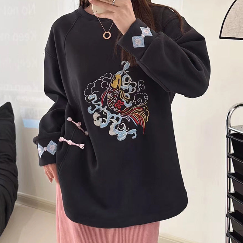 Charming Koi Fish Embroidery Round Collar Sweatshirt Modakawa