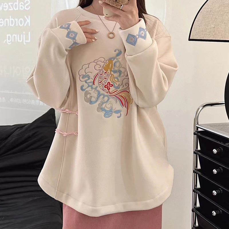 Charming Koi Fish Embroidery Round Collar Sweatshirt Modakawa