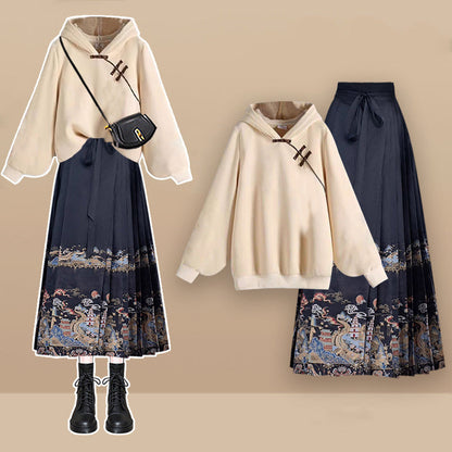 Casual Buckle Plush Hoodie Exquisite Embroideried Pleated Skirt Modakawa