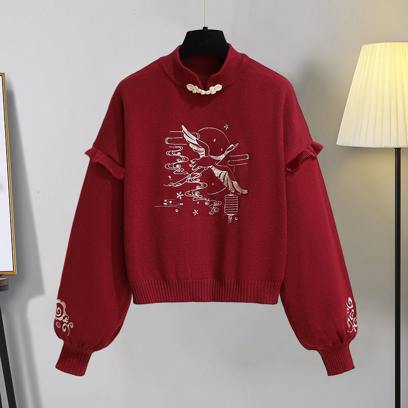 Red Vintage Crane Sweater Hoodie Dragon Pattern Split Pants Modakawa