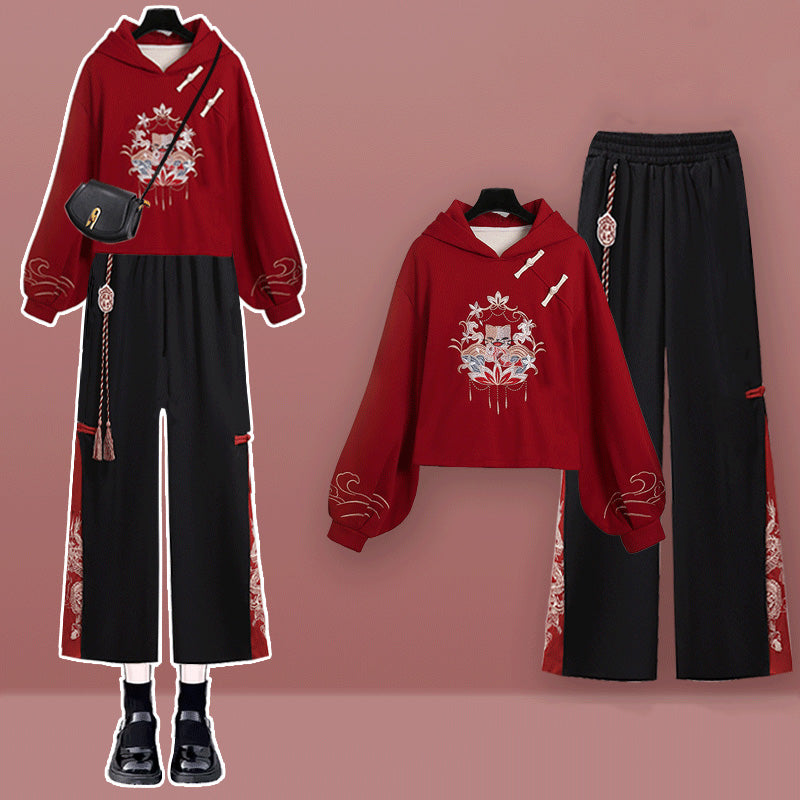 Casual Crane Embroideriy Sweater Hoodie Dragon Pattern Split Pants Modakawa