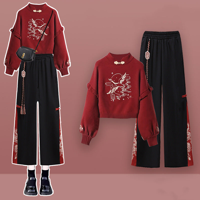 Casual Crane Embroideriy Sweater Hoodie Dragon Pattern Split Pants Modakawa