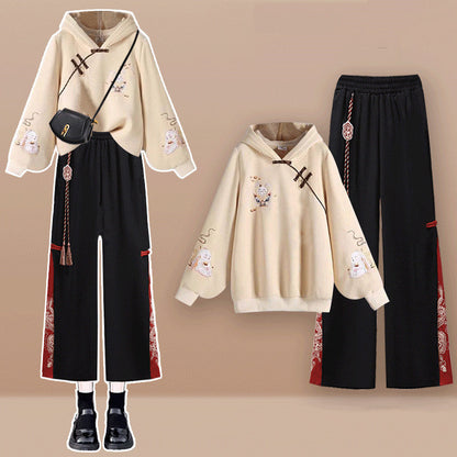 Casual Crane Embroideriy Sweater Hoodie Dragon Pattern Split Pants Modakawa