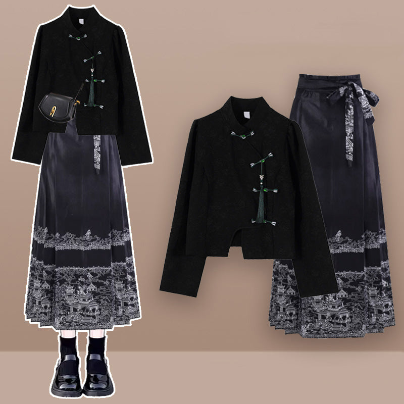 Magnificent Buckle Tassel Shirt High Waist Embroideried Pleated Skirt Modakawa