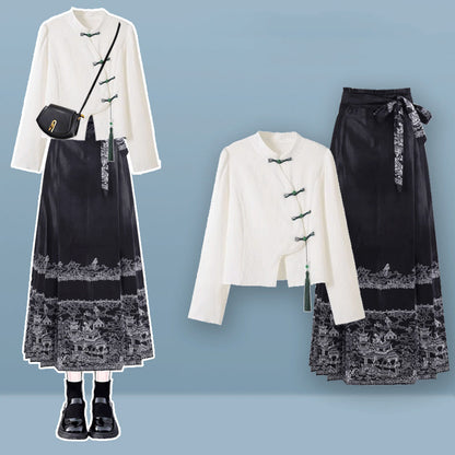 Magnificent Buckle Tassel Shirt High Waist Embroideried Pleated Skirt Modakawa