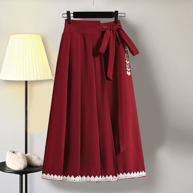 Red Flower Embroideried Hoodie High Waist Pleated Skirt Modakawa