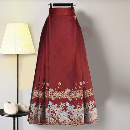 Red Flower Embroideried Hoodie High Waist Pleated Skirt Modakawa