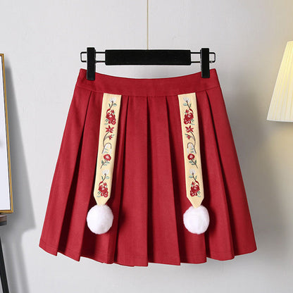 Red Flower Embroideried Hoodie High Waist Pleated Skirt Modakawa