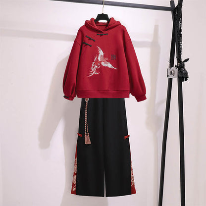 Red Vintage Dragon Hoodie Wide Leg Split Pants Modakawa