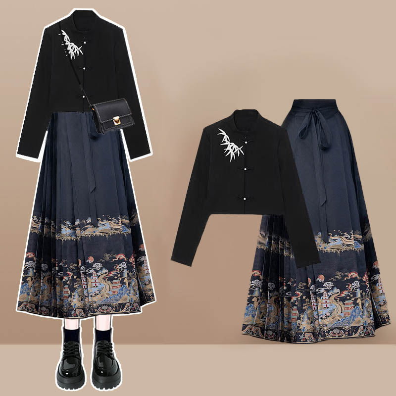 Black Leaves Long Sleeve Shirt Embroideried Pleated Skirt Modakawa