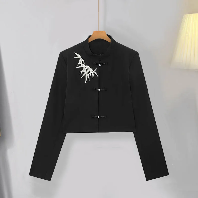 Black Leaves Long Sleeve Shirt Embroideried Pleated Skirt Modakawa