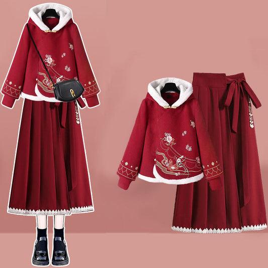 Red Flower Embroideried Hoodie High Waist Pleated Skirt Modakawa