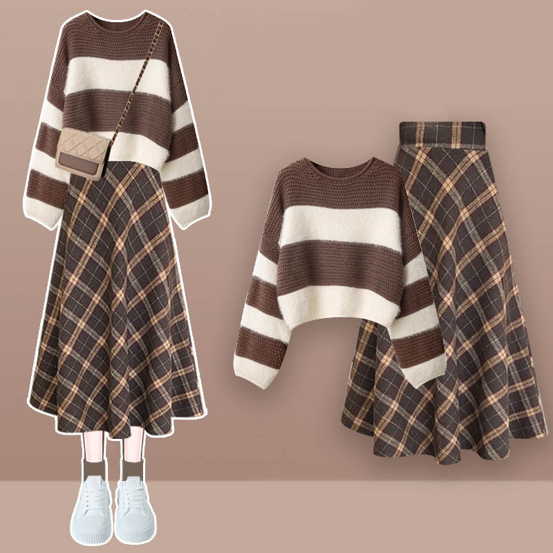 Brown Colorblock Stripe Sweater Plaid Print Skirt Modakawa