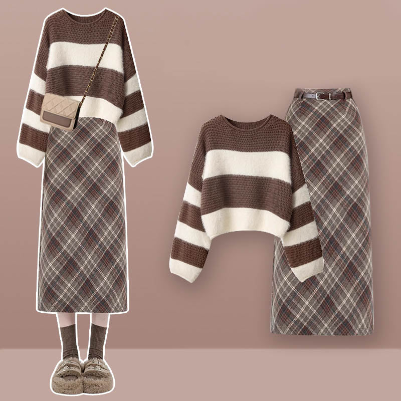 Brown Colorblock Stripe Sweater Plaid Print Skirt Modakawa