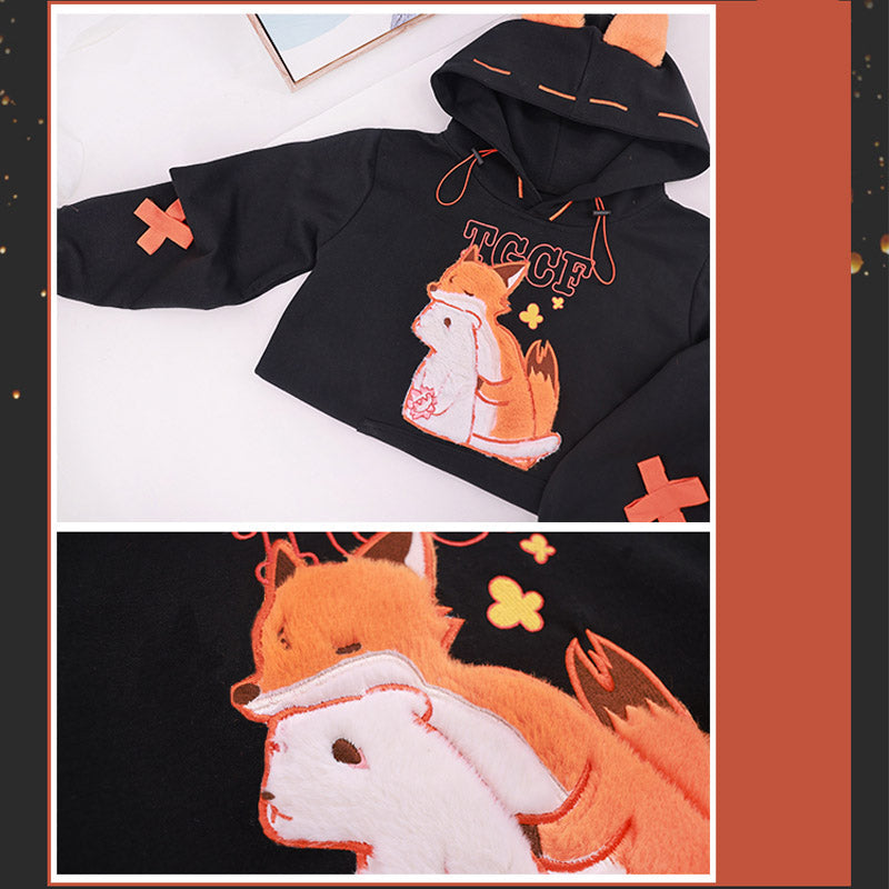 Fox Embroidery Pocket Loose Hoodie modakawa