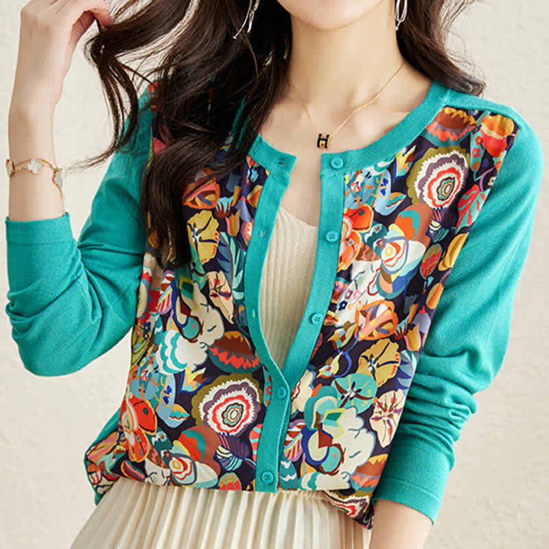 Green Crew Neck Knitted Flowers Cardigan modakawa