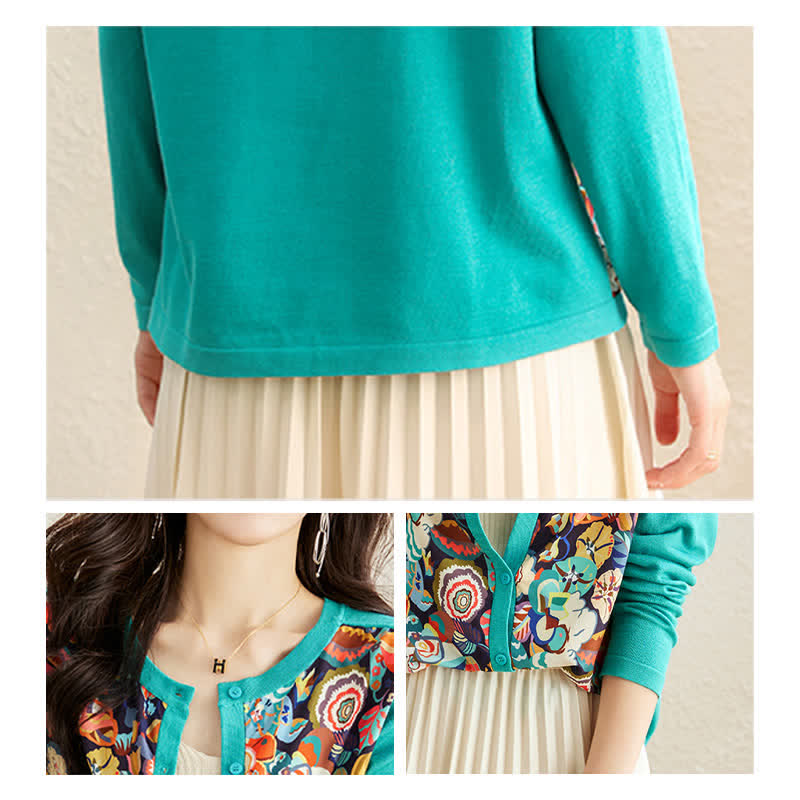 Green Crew Neck Knitted Flowers Cardigan modakawa