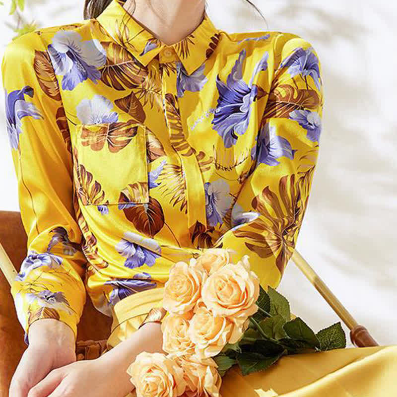 Yellow Flowers Printed Long Sleeve Shirt modakawa