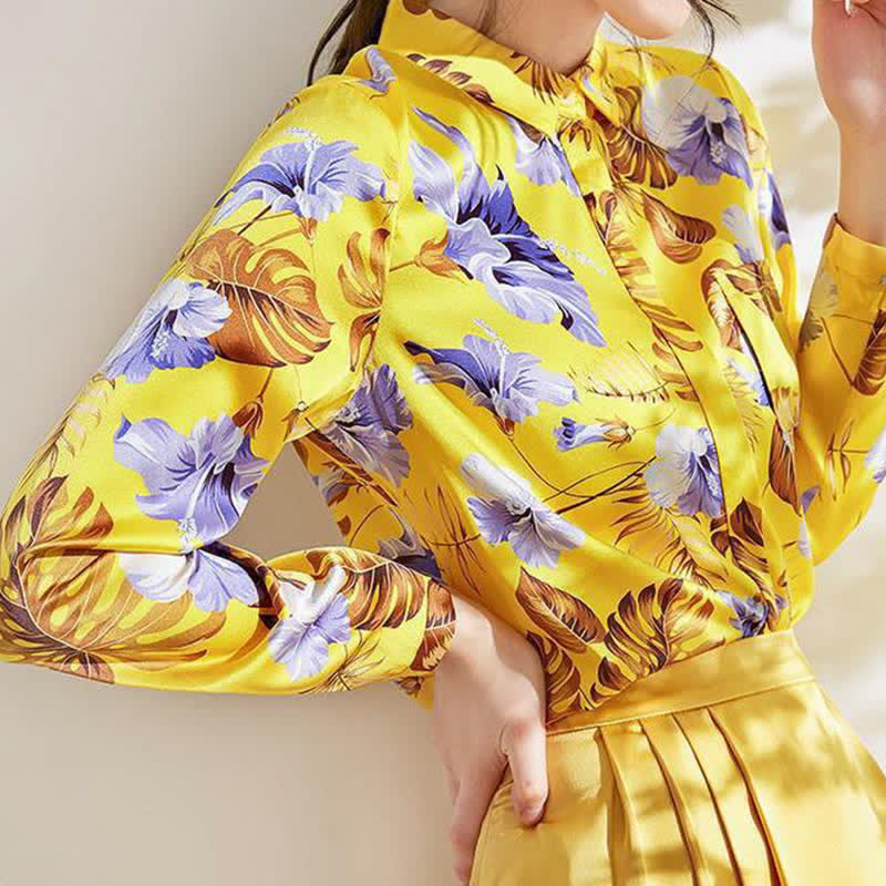 Yellow Flowers Printed Long Sleeve Shirt modakawa