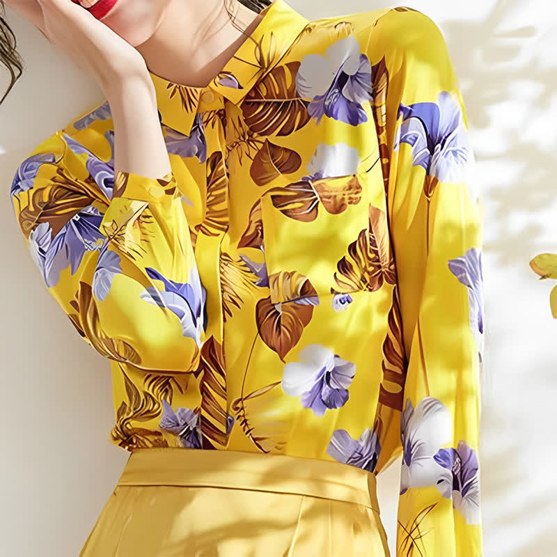 Yellow Flowers Printed Long Sleeve Shirt modakawa