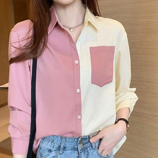 Vintage Pink Colorblock Lapel Chiffon Shirt Modakawa