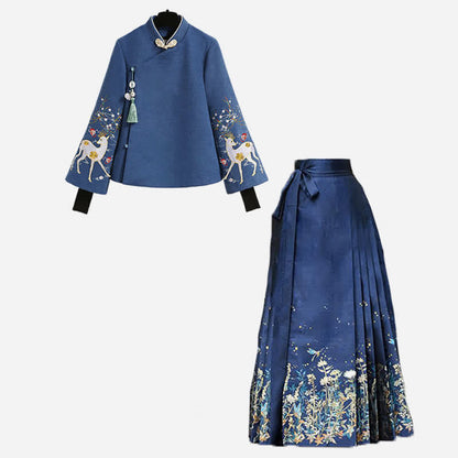 Vintage Blue Floral Embroidery Sweatshirt Pleated Skirt Modakawa