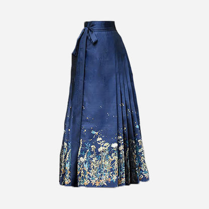 Vintage Blue Floral Embroidery Sweatshirt Pleated Skirt Modakawa