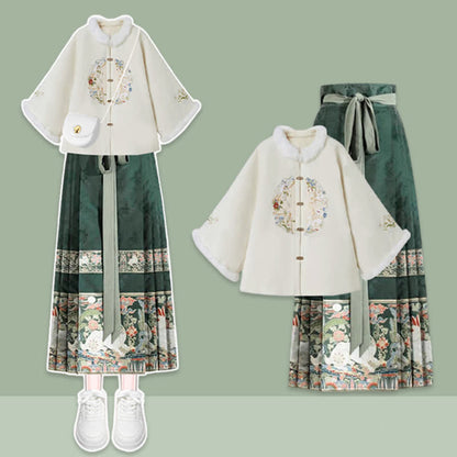 Vintage Embroidery Coat Green High Waist Pleated Skirt Modakawa