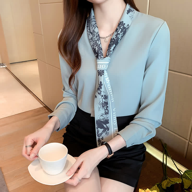 Classy V-neck Long Sleeve Chiffon Shirt modakawa