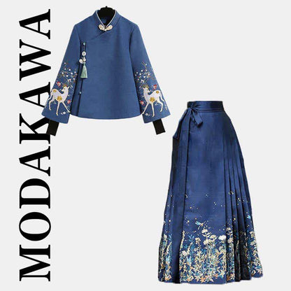 Vintage Blue Floral Embroidery Sweatshirt Pleated Skirt Modakawa