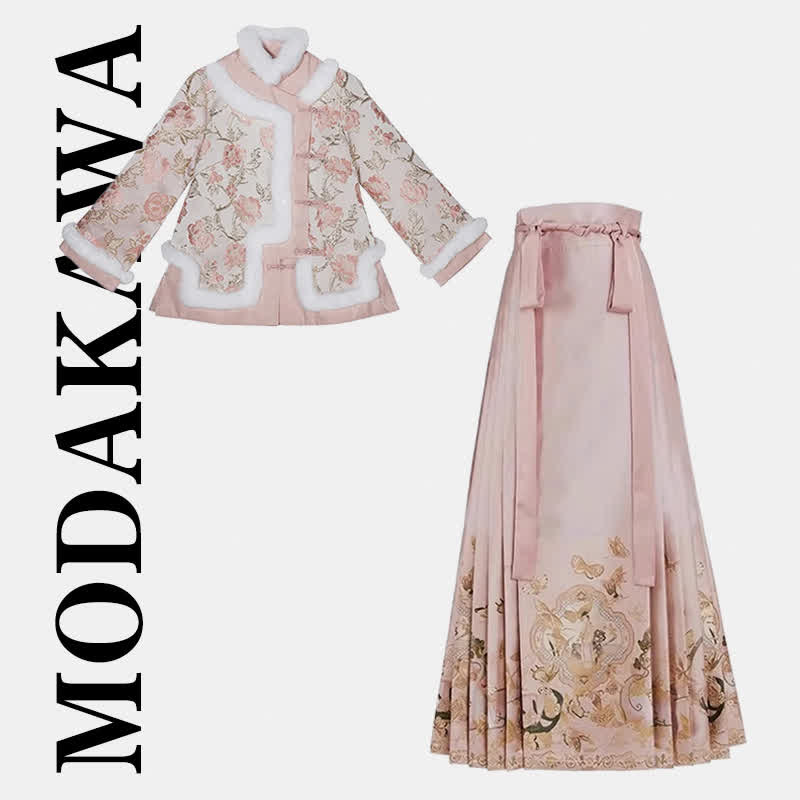 Pink Floral Embroidery Coat High Waist Pleated Skirt Modakawa