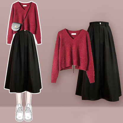 Chic Lace Up Knit Sweater A-line Skirt Set modakawa