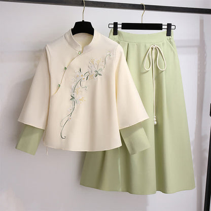 Vintage Flower Green Sweatshirt High Waist Lace Up Skirt Modakawa