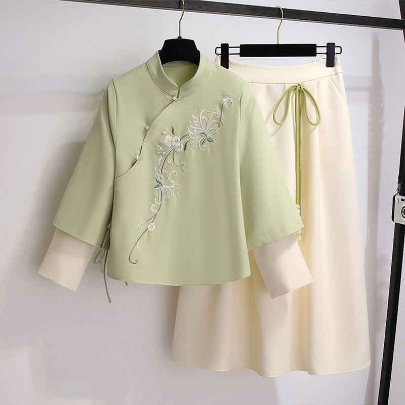 Vintage Flower Green Sweatshirt High Waist Lace Up Skirt Modakawa