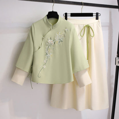 Flower Embroidery Sweatshirt Lace Up Skirt Modakawa