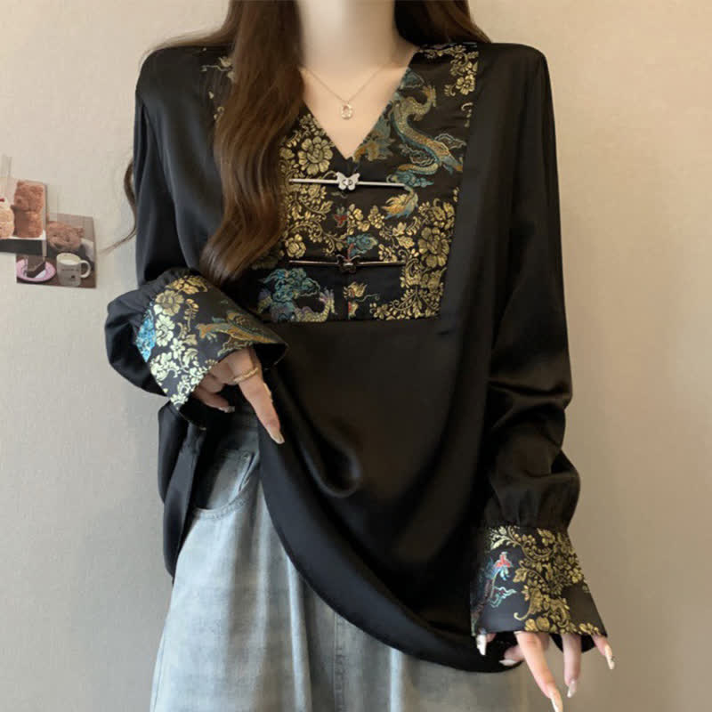 Vintage Dragon Buckle Long Sleeve V-neck Shirt modakawa