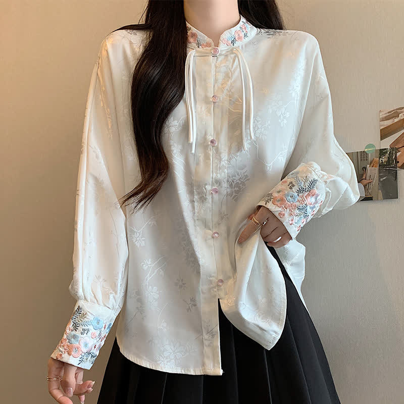 Chic Flower Embroidery Buckle Long Sleeve Shirt modakawa