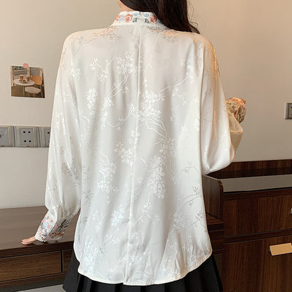 Chic Flower Embroidery Buckle Long Sleeve Shirt modakawa