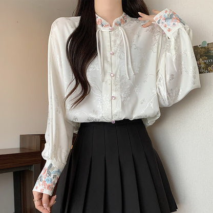 Chic Flower Embroidery Buckle Long Sleeve Shirt modakawa