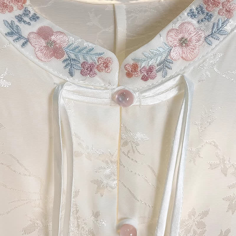 Chic Flower Embroidery Buckle Long Sleeve Shirt modakawa