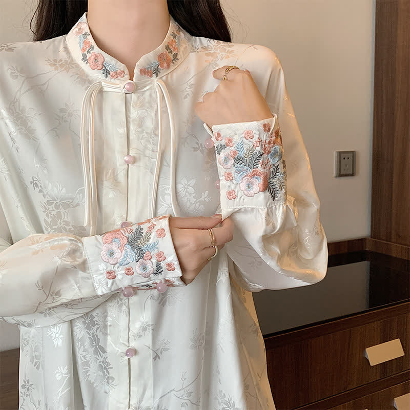 Chic Flower Embroidery Buckle Long Sleeve Shirt modakawa