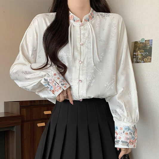 Chic Flower Embroidery Buckle Long Sleeve Shirt modakawa