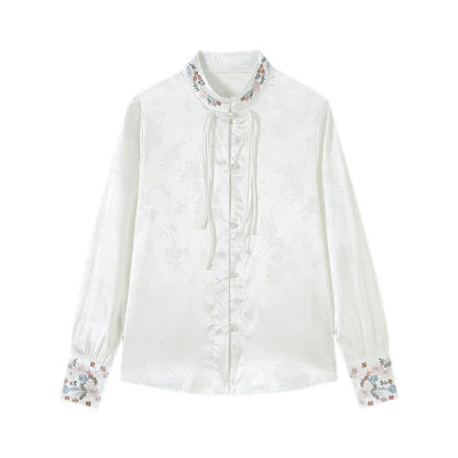 Chic Flower Embroidery Buckle Long Sleeve Shirt modakawa