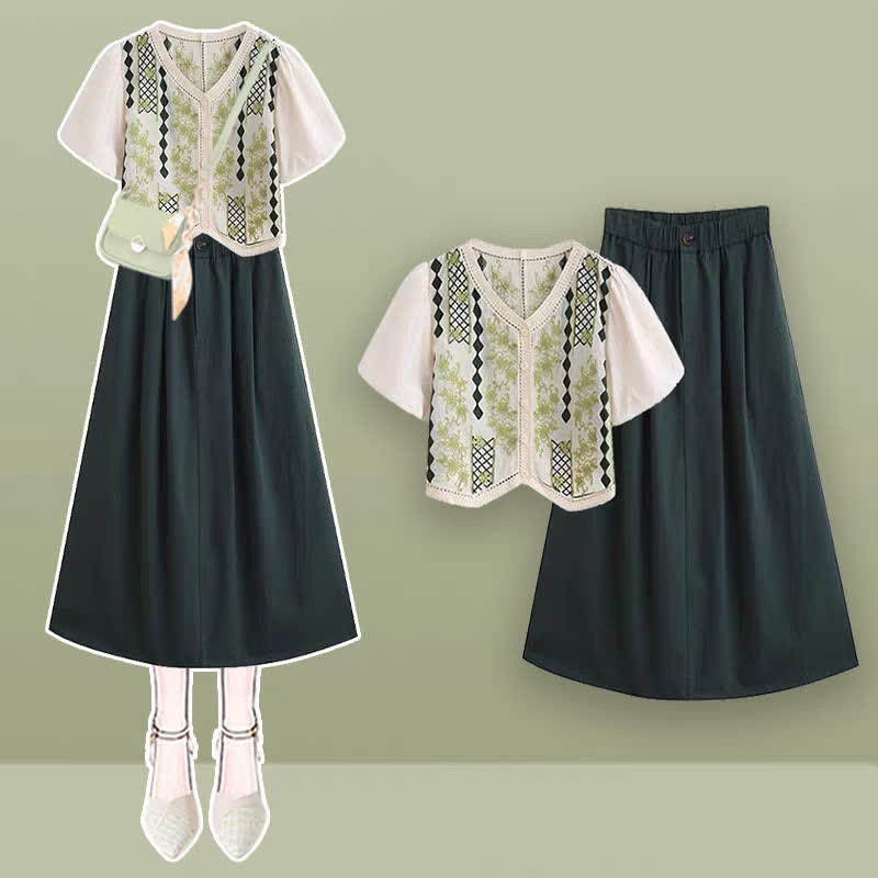 Green Graphic Embroidery Puff Sleeve T-Shirt High Waist Skirt modakawa