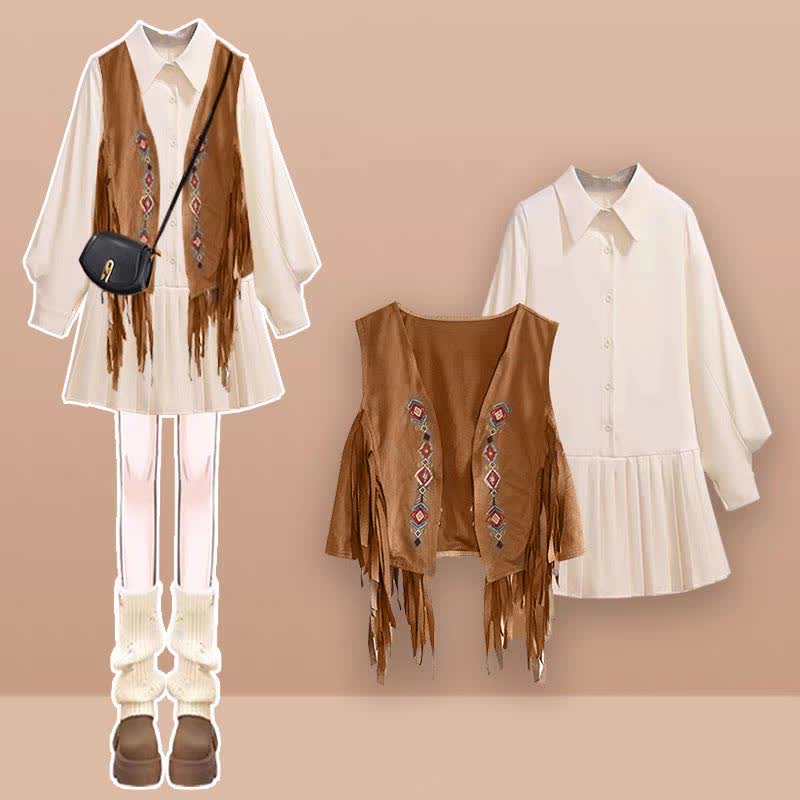 Boho Embroidery Fringed Vest Pleated Lapel Shirt Dress modakawa