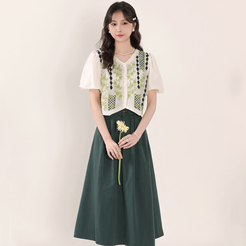 Green Graphic Embroidery Puff Sleeve T-Shirt High Waist Skirt modakawa