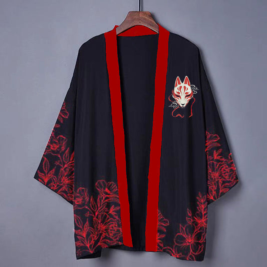 Fox Flower Red Print Cardigan Kimono modakawa